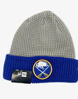 New Era Buffalo Sabres gray waffle knit hat with royal blue cuff and embroidered team logo