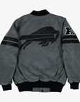 Back view of Starter Buffalo Bills charcoal gray varsity jacket featuring an oversized tonal black charging buffalo logo, AFC sleeve patch, and black ribbed trim.