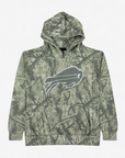 Buffalo Bills woodland camouflage pullover hoodie featuring an allover green and gray tree branch pattern, tonal charging buffalo logo, kangaroo pocket, and hood.