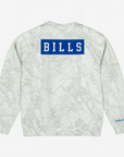 Back of Mitchell & Ness Buffalo Bills Ghosted Camo Crewneck Sweatshirt featuring a royal blue BILLS wordmark graphic and allover light gray camouflage pattern.
