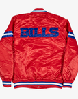 Back view of Starter Buffalo Bills red satin varsity jacket featuring oversized royal blue BILLS lettering, blue and white sleeve stripes, and matching rib-knit collar, cuffs, and waistband.