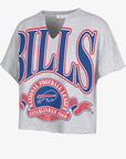 '47 Brand women's Buffalo Bills heather gray oversized cropped t-shirt featuring a notched V-neckline, large blue BILLS lettering, and distressed Established 1960 team graphic.