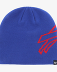 '47 Brand Buffalo Bills royal blue cuffless knit beanie featuring an oversized red charging buffalo logo wrapping around the side and a small '47 Brand woven label.