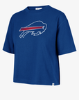 '47 Brand women's Buffalo Bills royal blue cropped t-shirt featuring a distressed charging buffalo logo with white outline and red stripe, crew neckline, and relaxed boxy fit.