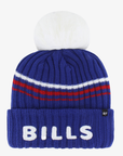 '47 Brand Women's Buffalo Bills Royal Blue Striped Faux Fur Pom Cuffed Knit Beanie