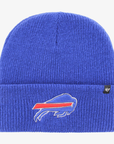 '47 Brand Buffalo Bills royal blue cuffed knit hat featuring an embroidered charging buffalo logo on the folded ribbed cuff and a black '47 Brand woven label.