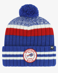 '47 Brand Buffalo Bills royal blue pom knit hat with red and white stripes, marled blue and white crown, blue yarn pom, and circular Buffalo Bills Established 1960 logo patch on the cuff.