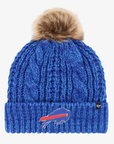 '47 Brand women's Buffalo Bills royal blue cable knit beanie featuring an embroidered charging buffalo logo, folded ribbed cuff, and tan faux fur pom.