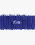 '47 Brand women's royal blue Buffalo Bills knit headband featuring white embroidered Bills script lettering, chunky ribbed texture, and white trim.