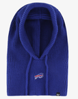 '47 Brand Women's Buffalo Bills royal blue ribbed knit hooded balaclava featuring adjustable drawstrings and an embroidered charging buffalo logo.