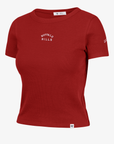 '47 Brand Buffalo Bills women's red ribbed baby tee featuring small white Buffalo Bills lettering on the chest and a charging buffalo logo on the sleeve.