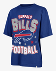 '47 Brand women's Buffalo Bills royal blue graphic t-shirt featuring silver glitter-style BILLS lettering, large charging buffalo logo, red and white stars, and FOOTBALL text.