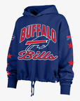 '47 Brand Buffalo Bills women's royal blue cropped hoodie featuring oversized Buffalo Bills graphics, red stars on both sleeves, and an adjustable drawstring hem.
