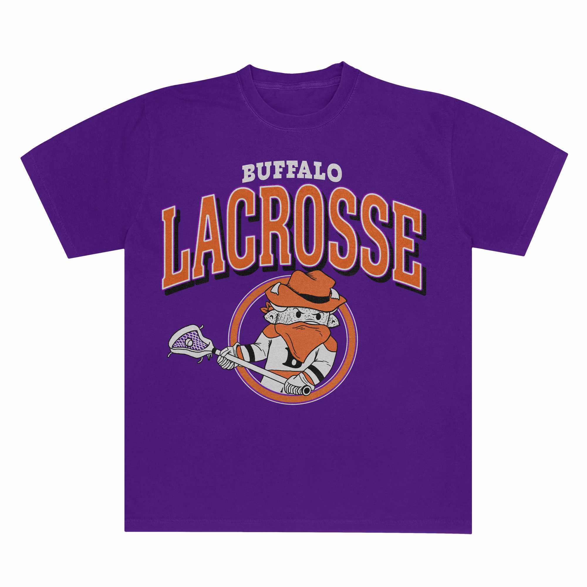 Buffalo Lacrosse Purple Short Sleeve Shirt with buffalo playing lacrosse drawing