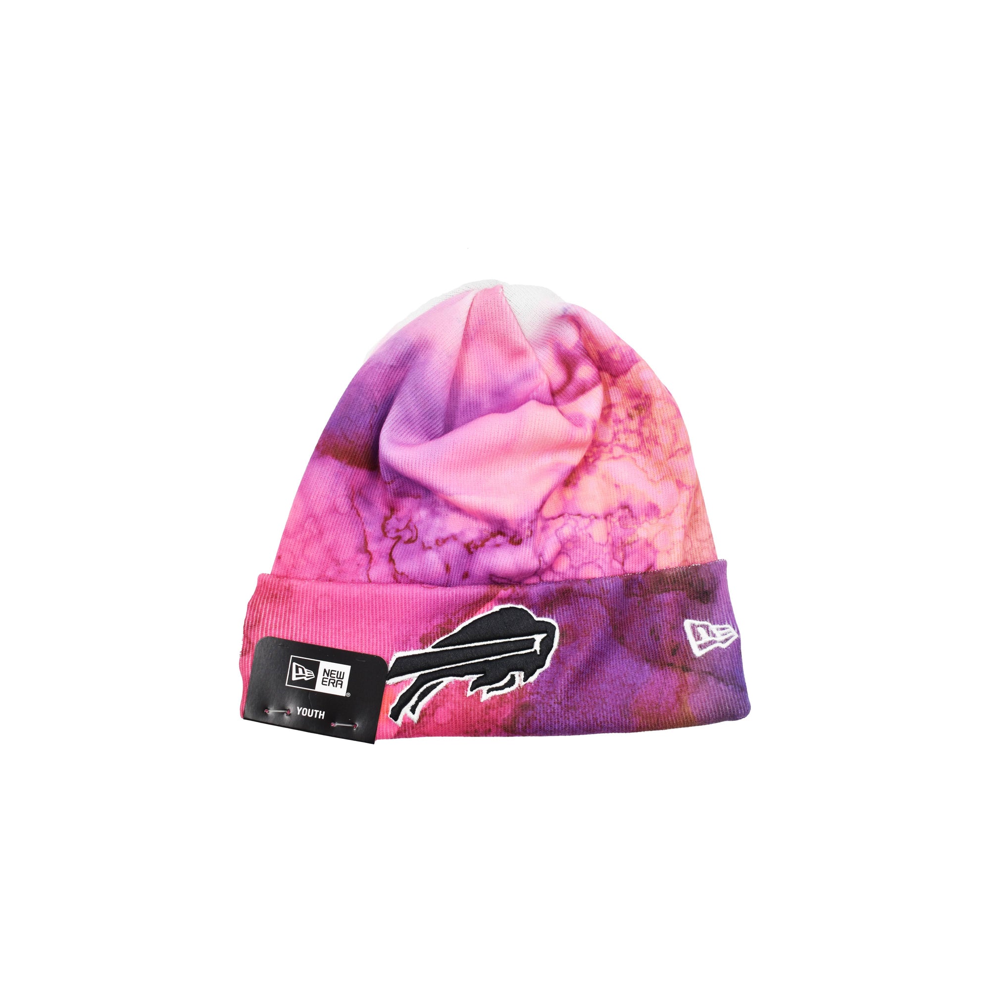 bflo store Youth New Era Buffalo Bills Pink and Blue Ink Tie Dye Crucial Catch Knit Hat