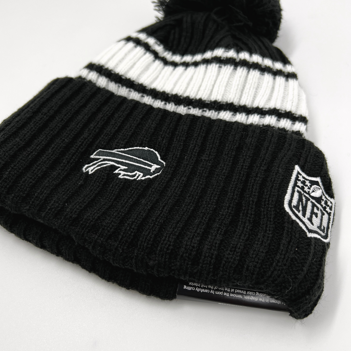 New Era Buffalo Bills Black and White Sideline Pom Pom Beanie