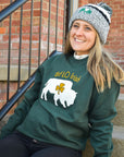 woman wearing bflo buffalo irish dark green crewneck sweater for st patricks day