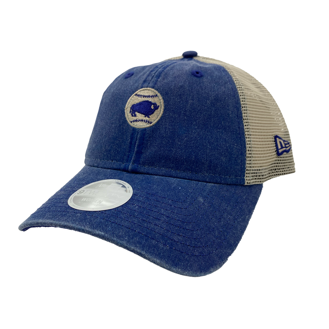 New Era Buffalo Bisons Mini Logo Women&#39;s Blue Denim Adjustable Trucker Hat