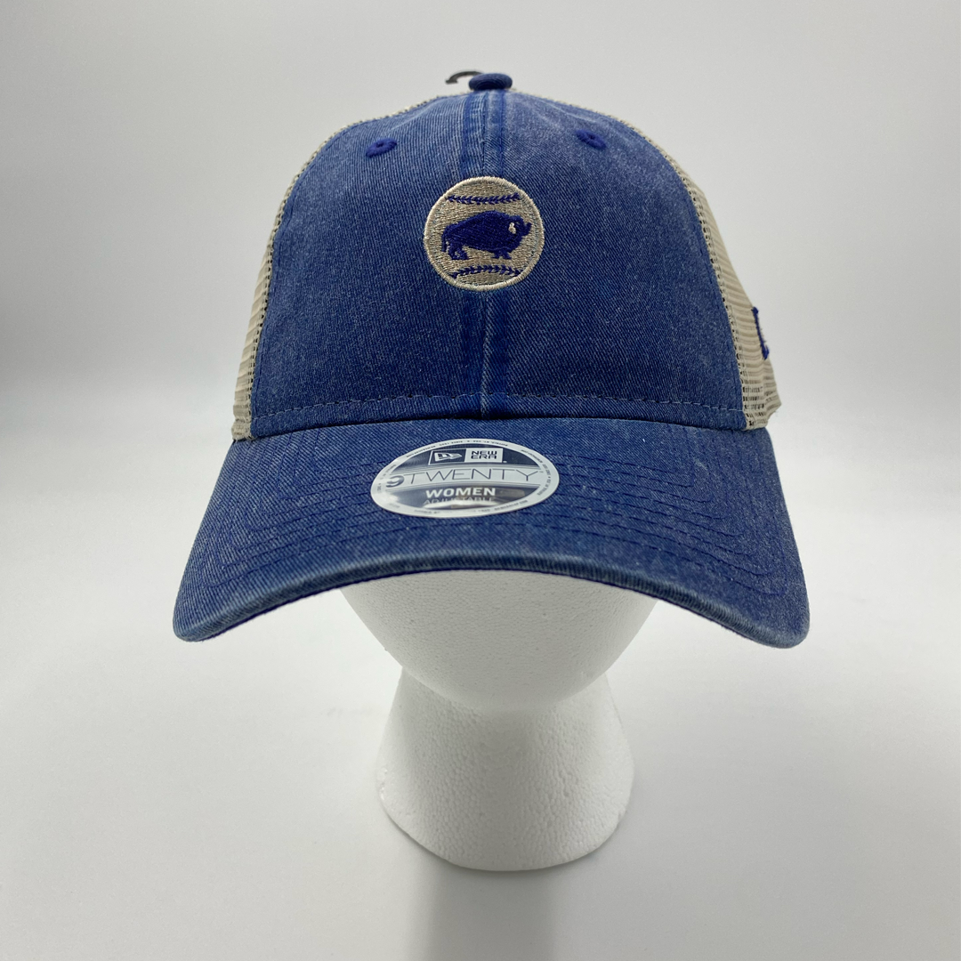 New Era Buffalo Bisons Mini Logo Women&#39;s Blue Denim Adjustable Trucker Hat