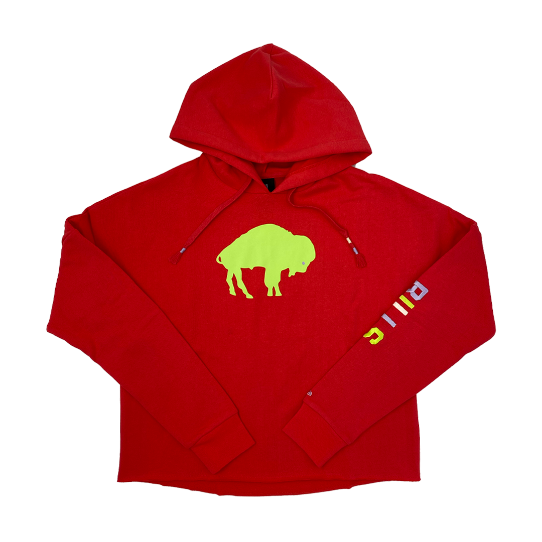 Women s New Era Buffalo Bills Red and Lime Retro Cropped Hoodie