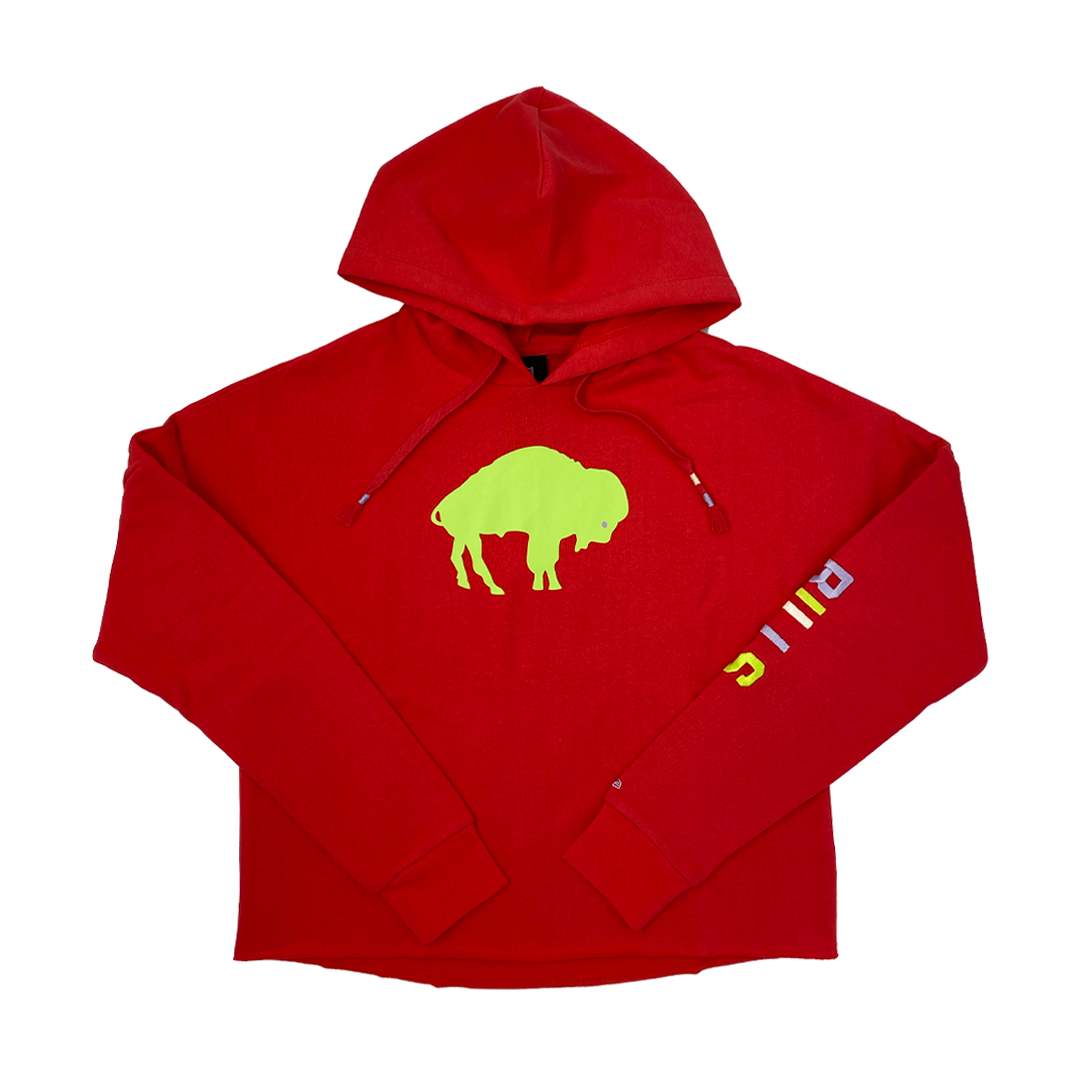 New Era Buffalo Bills Red and Lime Retro Women&#39;s Cropped Hoodie