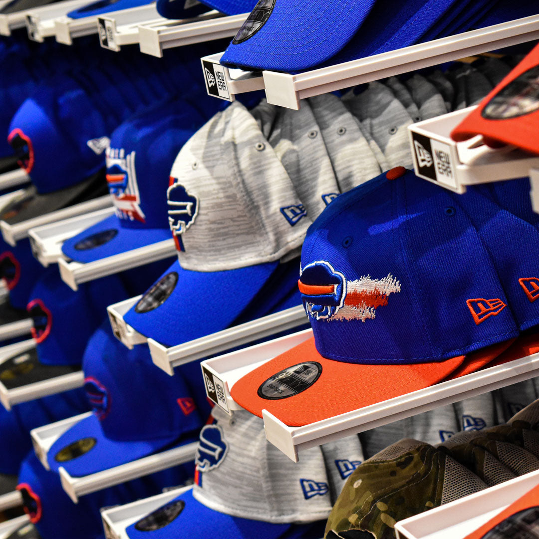 Photo of Buffalo Bills hats. Red, Blue, Gray hats. This photo is for The BFLO Store Website.