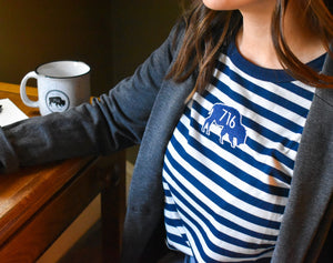 women wearing bflo navy and white striped sweater from the bflo store