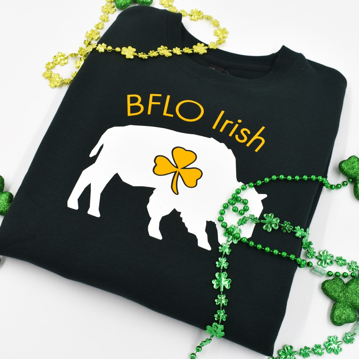 Buffalo BFLO Irish green crew neck with gold and green necklaces for St Patricks Day