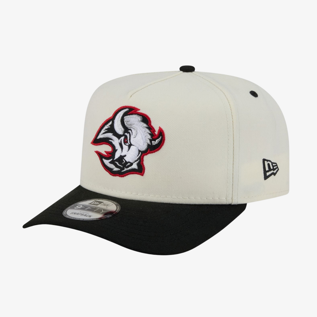 New Era Buffalo Sabres cream and black 9FIFTY snapback hat featuring an embroidered retro buffalo head logo, black flat visor, and New Era side logo.
