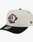 New Era Buffalo Sabres cream and black 9FIFTY snapback hat featuring an embroidered retro buffalo head logo, black flat visor, and New Era side logo.