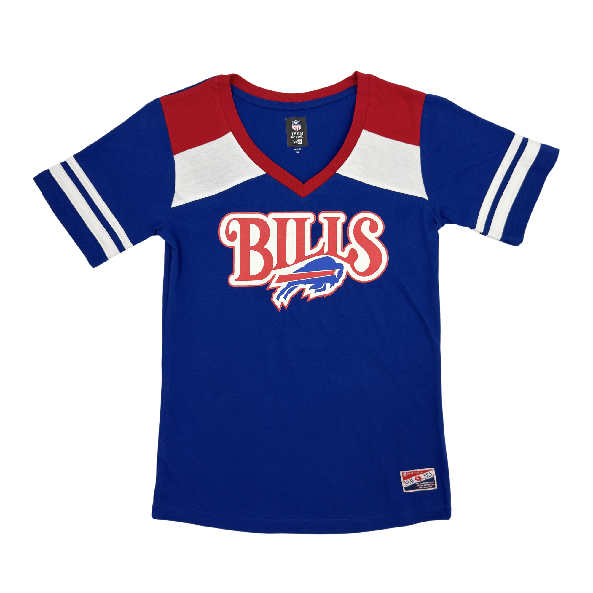 Women's New Era Bills Primary Logo With Shoulder Stripes V-Neck Shirt