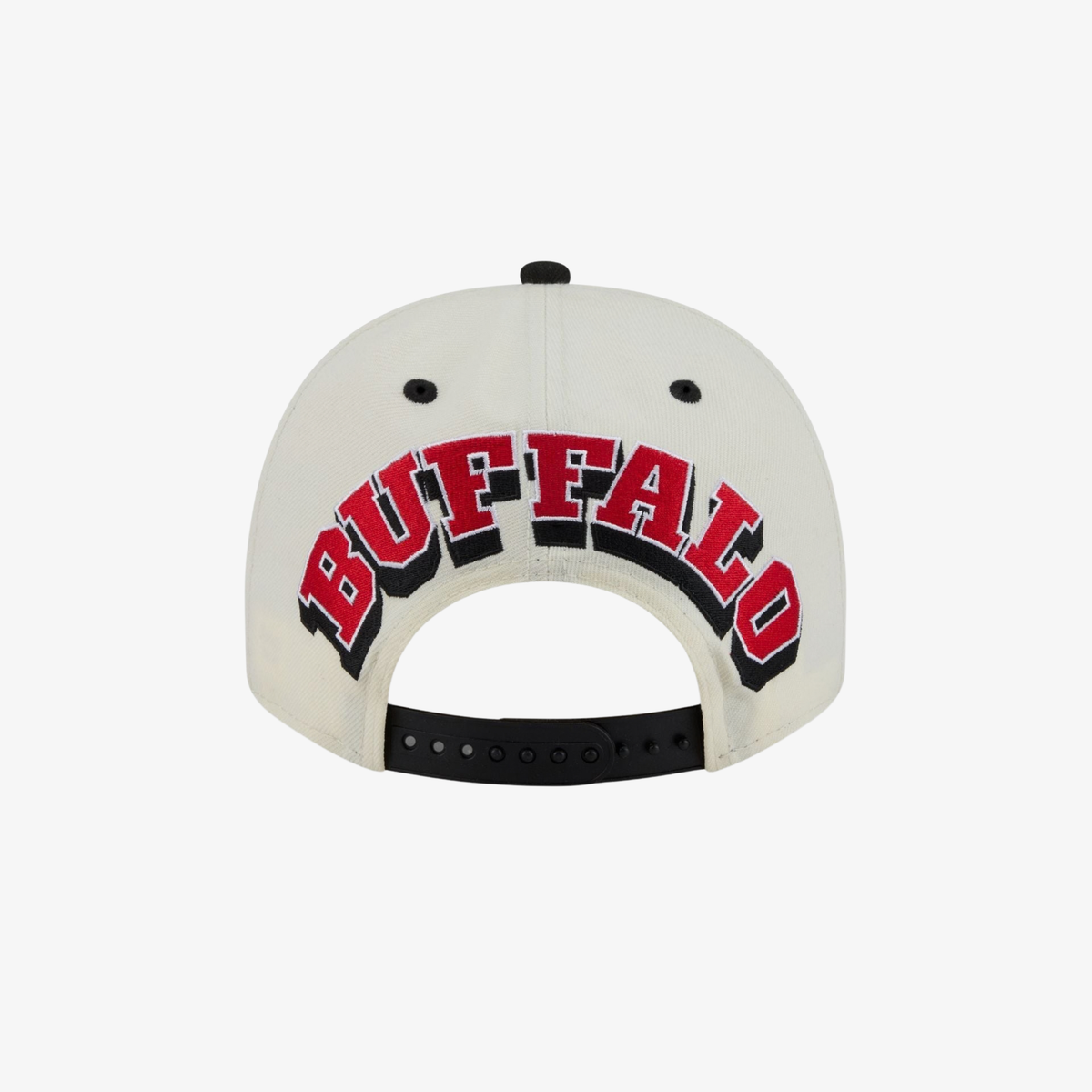 New Era Buffalo Sabres cream 9FIFTY snapback hat featuring oversized red, white, and black BUFFALO arch embroidery above a black adjustable snapback closure.