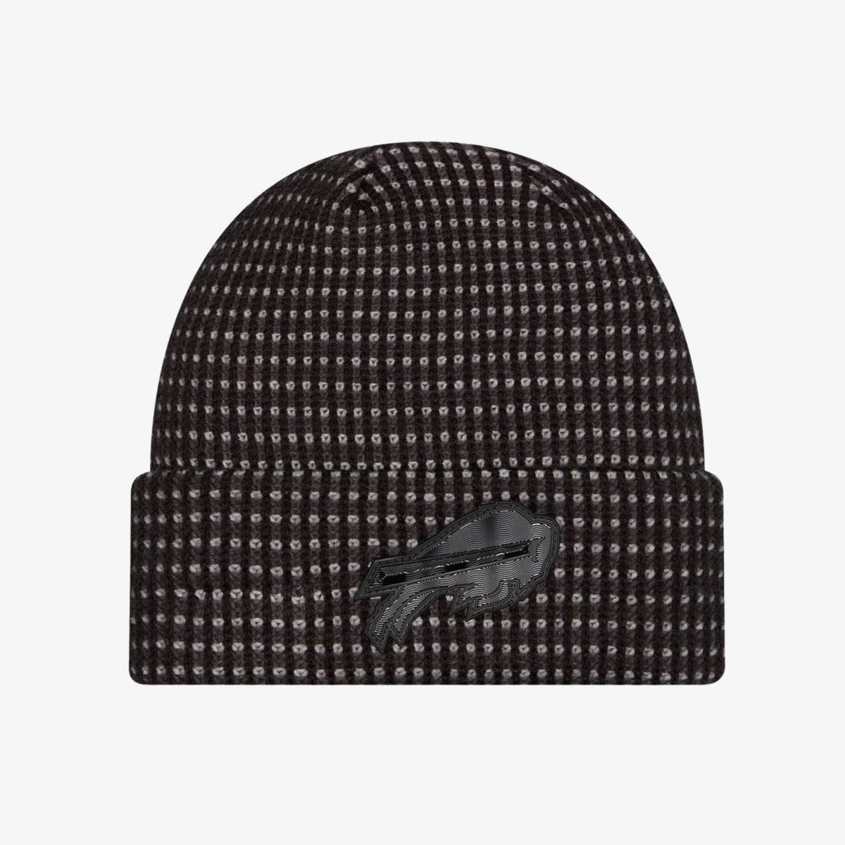 New Era Buffalo Bills 2026 Sideline Cold Weather black and gray waffle knit cuffed hat with tonal black silicone charging buffalo logo patch.