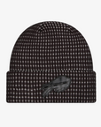 New Era Buffalo Bills 2026 Sideline Cold Weather black and gray waffle knit cuffed hat with tonal black silicone charging buffalo logo patch.