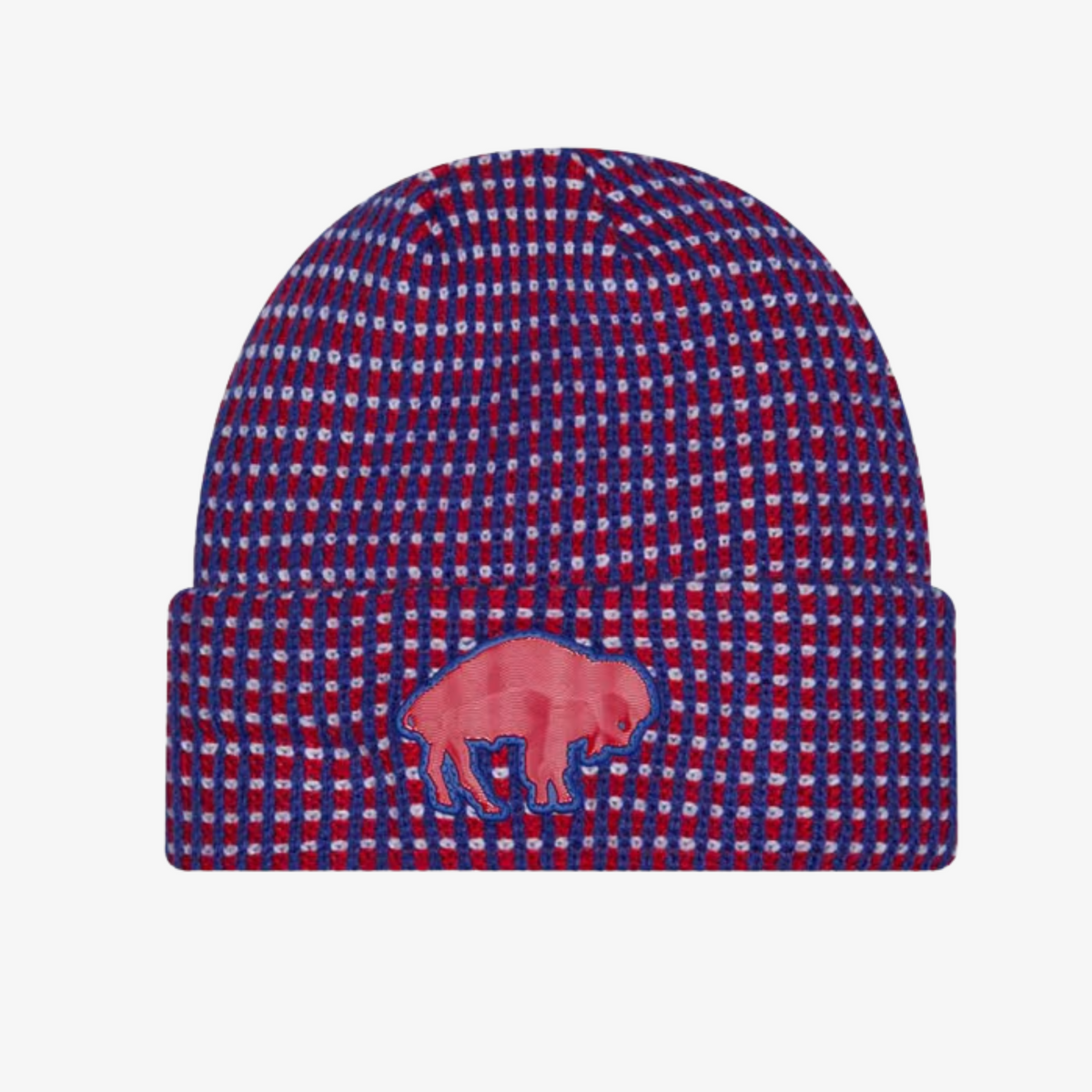 New Era Youth Buffalo Bills 2026 Sideline Cold Weather cuffed knit hat featuring a royal blue, red, and white waffle knit pattern with a raised red charging buffalo logo.