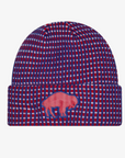 New Era Youth Buffalo Bills 2026 Sideline Cold Weather cuffed knit hat featuring a royal blue, red, and white waffle knit pattern with a raised red charging buffalo logo.