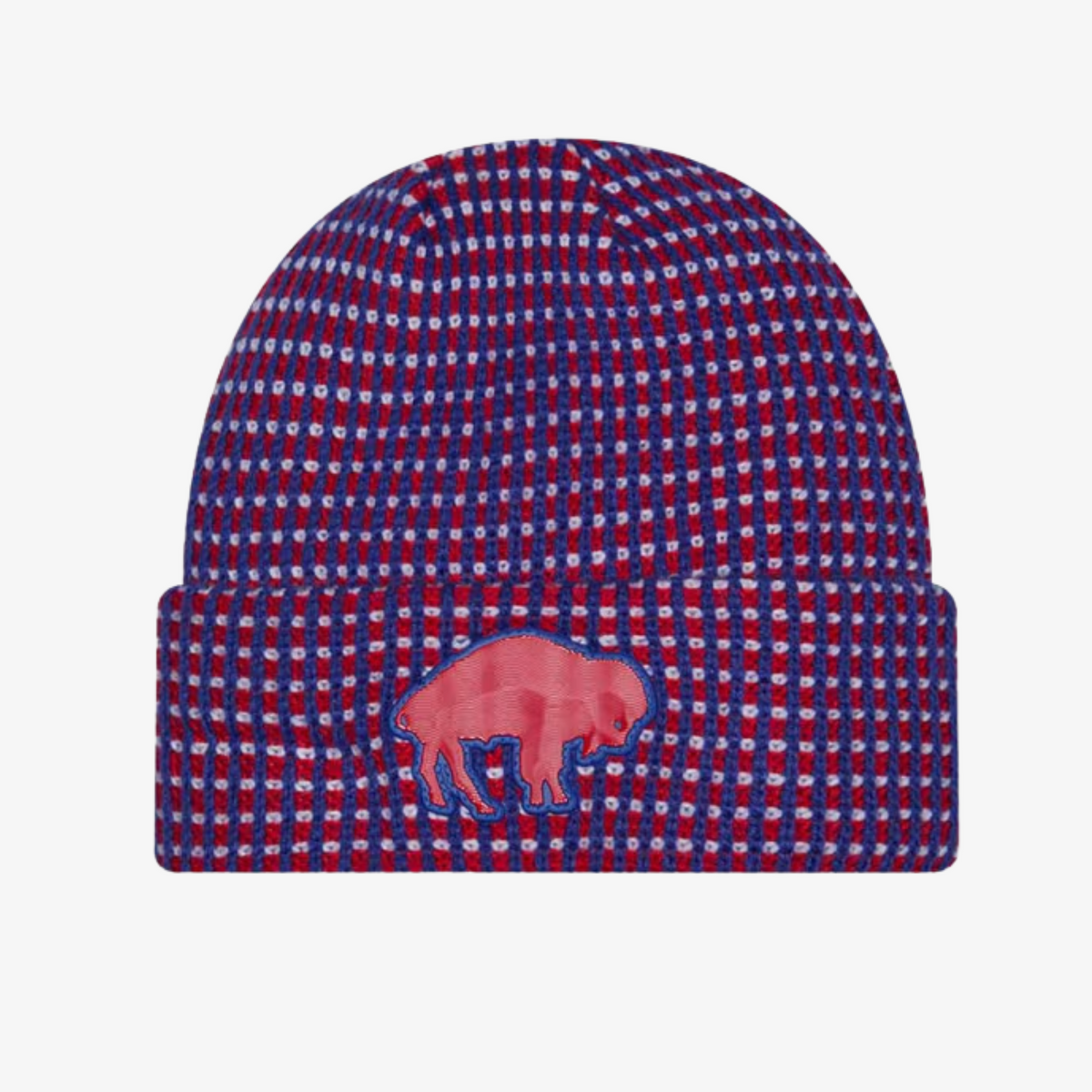 New Era Buffalo Bills 2026 Sideline Cold Weather adult cuffed knit hat featuring a royal blue, red, and white waffle knit pattern with a raised red charging buffalo logo.