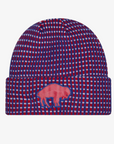 New Era Buffalo Bills 2026 Sideline Cold Weather adult cuffed knit hat featuring a royal blue, red, and white waffle knit pattern with a raised red charging buffalo logo.