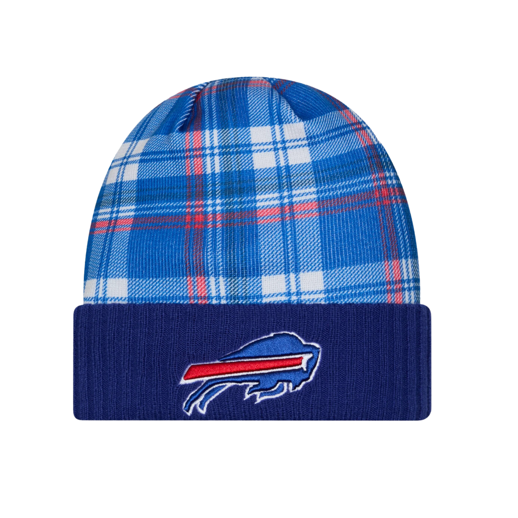 Youth New Era Bills 2024 Sideline Plaid Statement Knit with embroidered logo