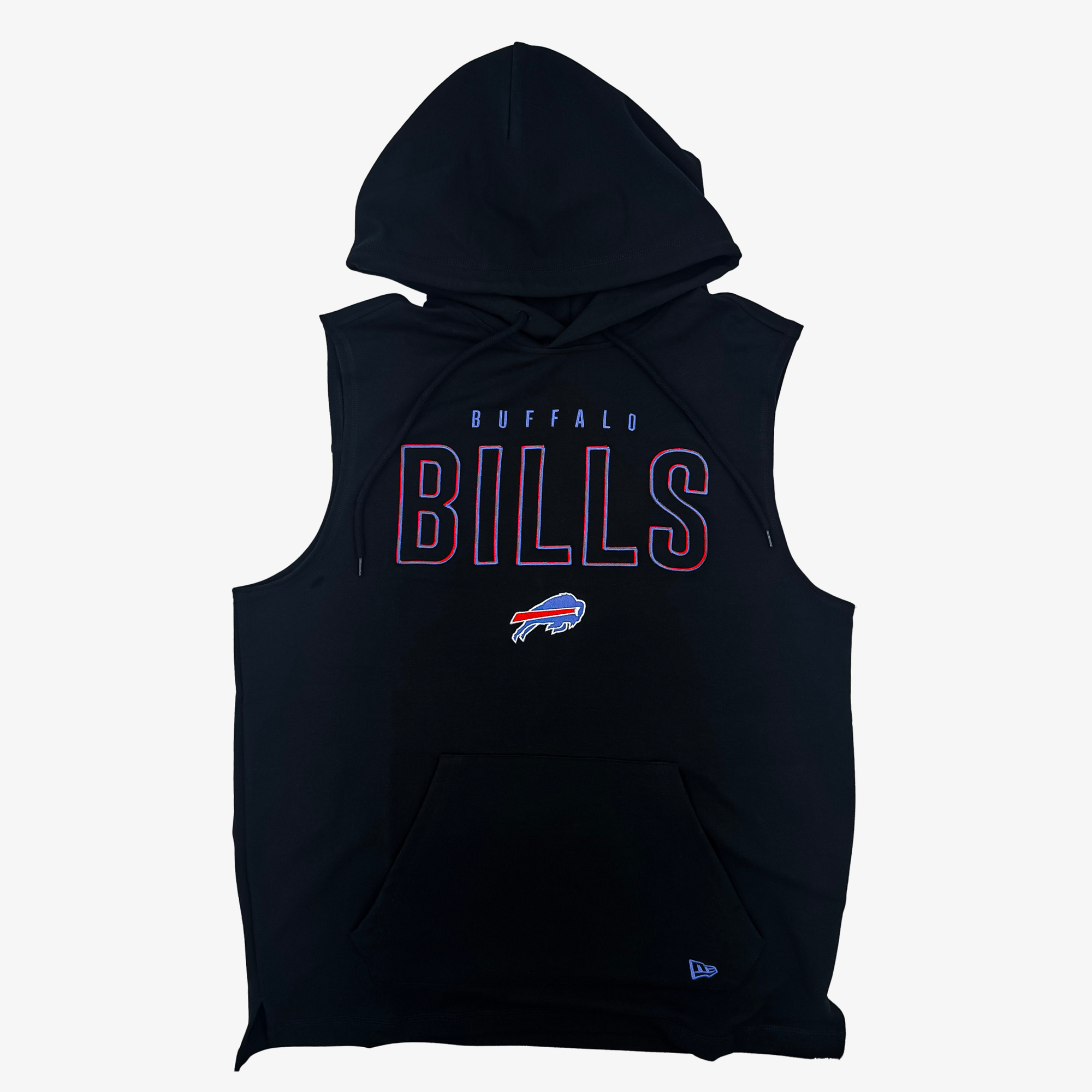 A black sleeveless hooded sweatshirt with 'BUFFALO BILLS' printed across the chest in outlined lettering, featuring a small charging buffalo logo below. A small New Era flag logo is visible near the bottom right hem, set against a plain light gray background.