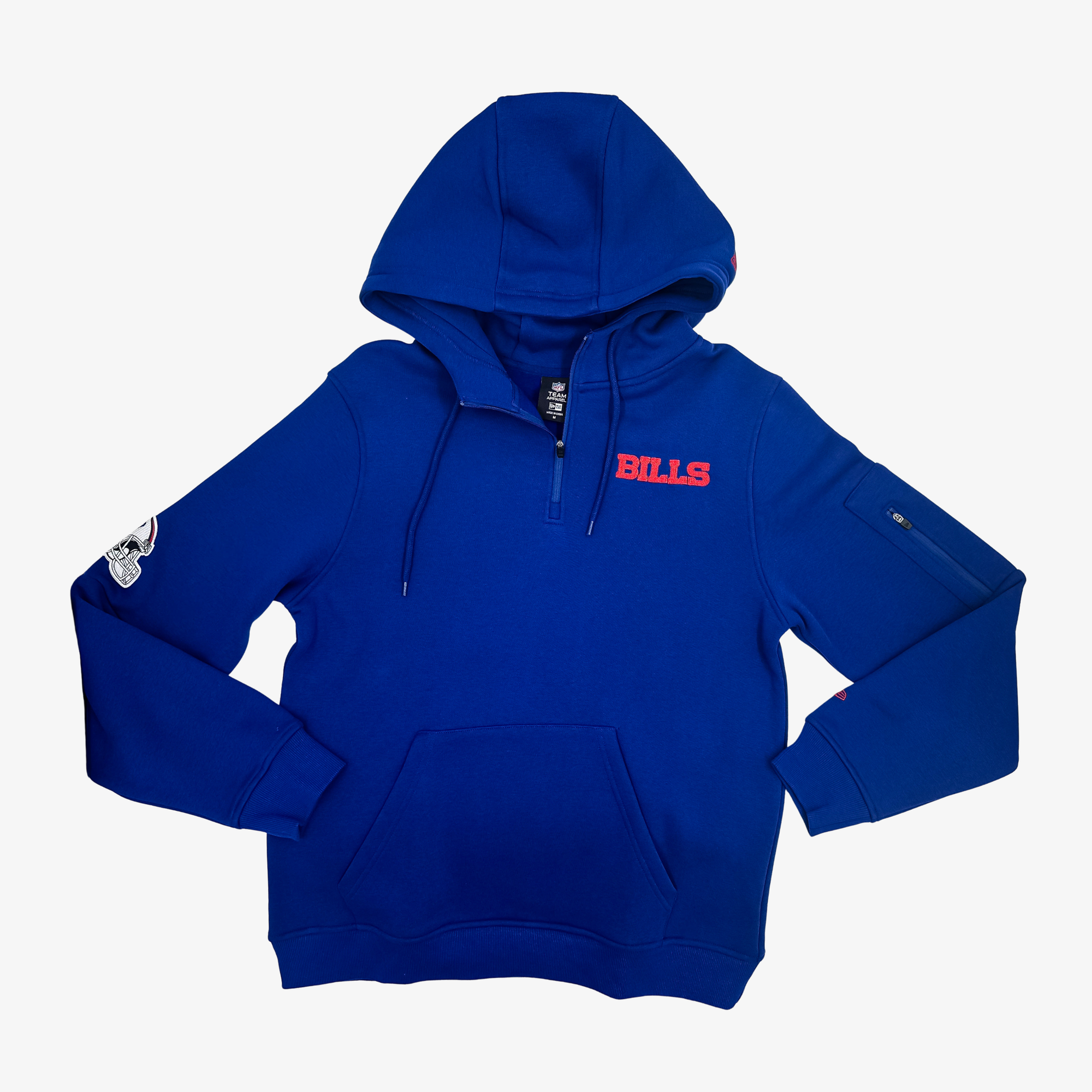 A royal blue pullover hoodie with a half-zip neckline, kangaroo pocket, and red 'BILLS' text on the left chest, displayed against a light gray background.
