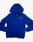 A royal blue pullover hoodie with a half-zip neckline, kangaroo pocket, and red 'BILLS' text on the left chest, displayed against a light gray background.