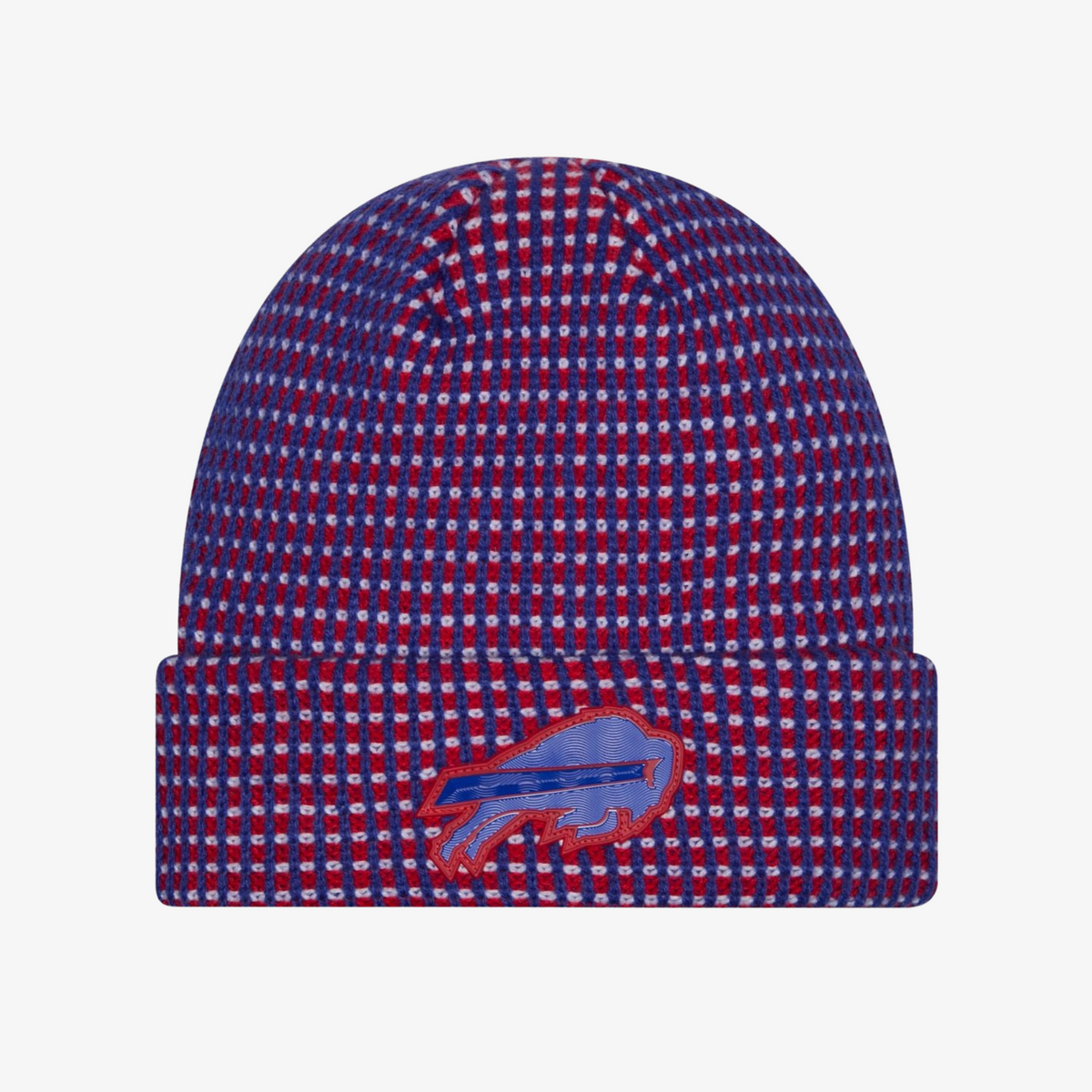 New Era Buffalo Bills 2026 Sideline Cold Weather cuffed knit hat featuring a royal blue, red, and white textured waffle-knit pattern and raised charging buffalo logo.