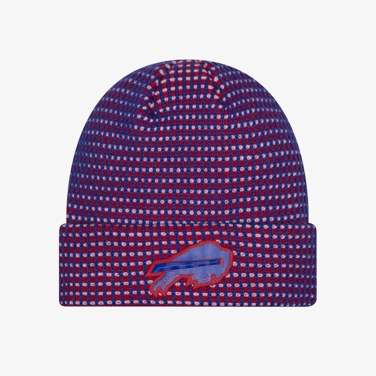 New Era Youth Buffalo Bills 2026 Sideline Cold Weather cuffed knit hat featuring a royal blue, red, and white textured waffle-knit pattern and raised charging buffalo logo.