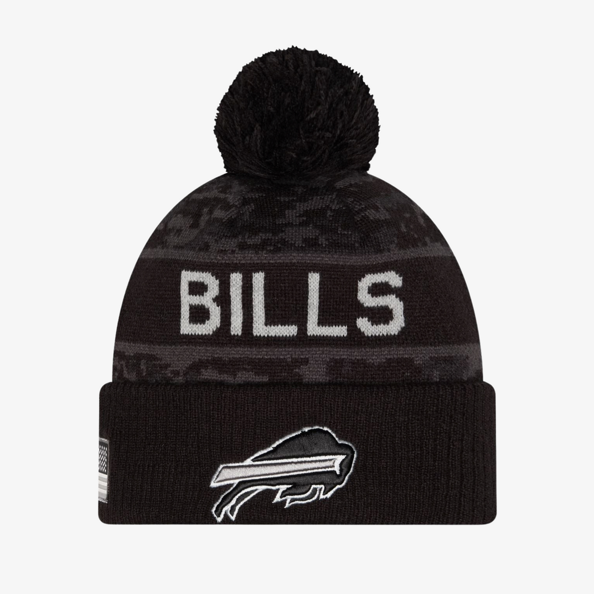 New Era Buffalo Bills Salute to Service black and charcoal gray cuffed knit hat featuring white BILLS lettering, monochromatic charging buffalo logo, camouflage-inspired pattern, and black pom.