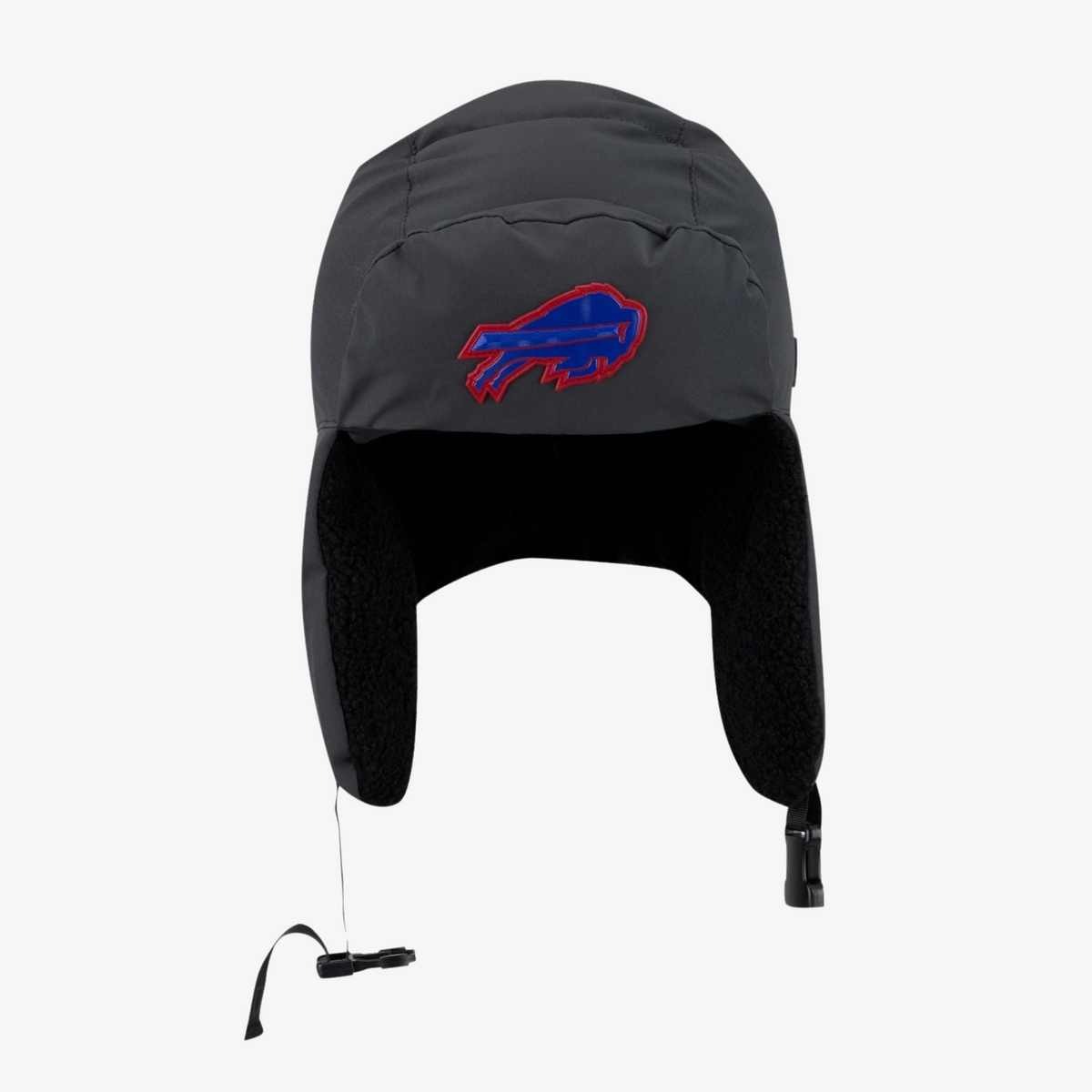 New Era Buffalo Bills 2026 Sideline Cold Weather graphite gray trapper hat featuring a blue and red charging buffalo logo, black fleece-lined ear flaps, and adjustable chin buckle.