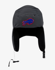New Era Buffalo Bills 2026 Sideline Cold Weather graphite gray trapper hat featuring a blue and red charging buffalo logo, black fleece-lined ear flaps, and adjustable chin buckle.