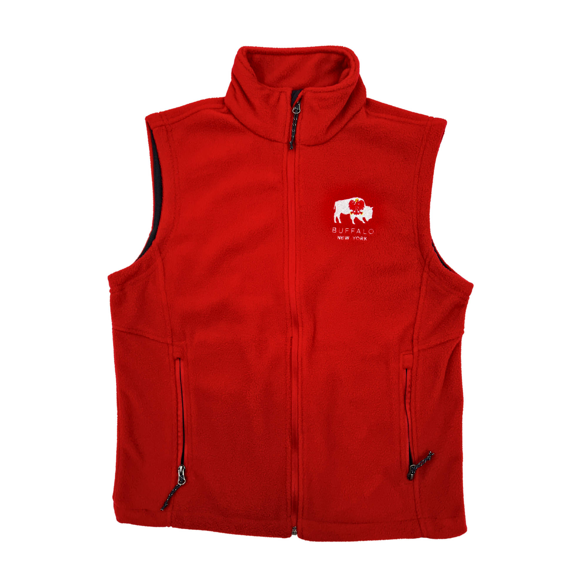 red fleece vest with white embroidered buffalo and white eagle polish symbol in left chest corner
