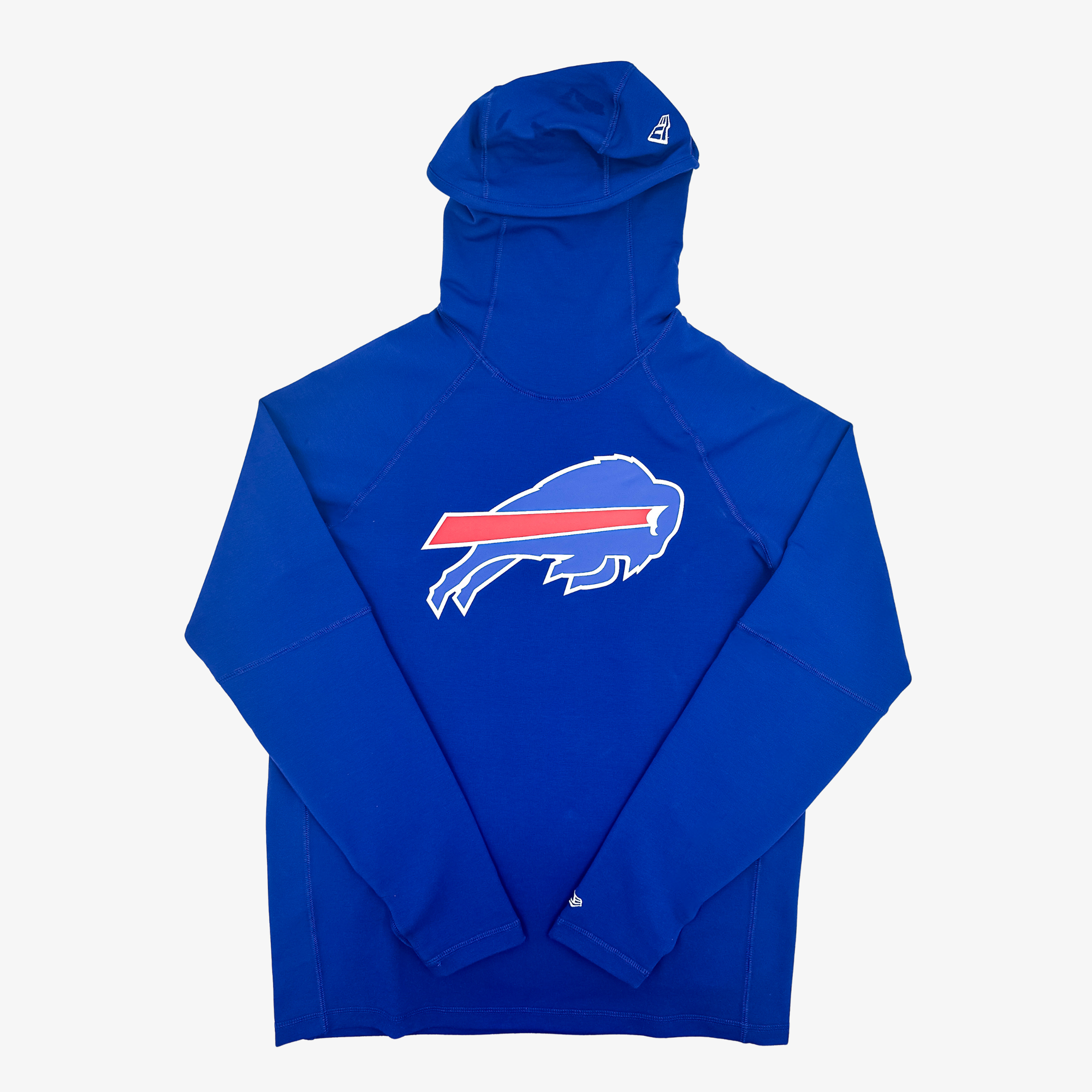 A royal blue hooded sweatshirt featuring the Buffalo Bills charging buffalo logo on the chest, displayed against a light gray background.