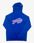 A royal blue hooded sweatshirt featuring the Buffalo Bills charging buffalo logo on the chest, displayed against a light gray background.